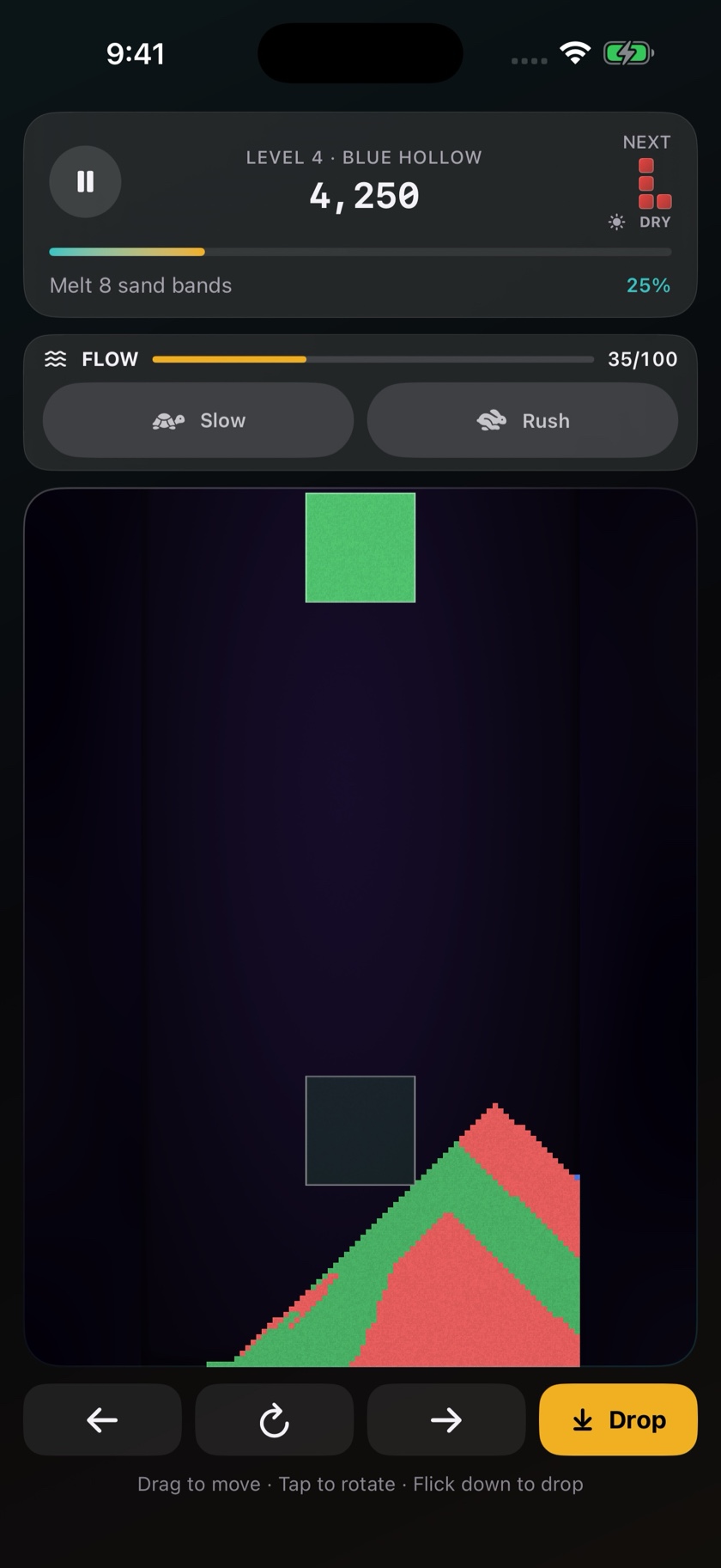 Blue Hollow campaign gameplay with a falling green block, a sand pile, and 4,250 points in Dimensional mode