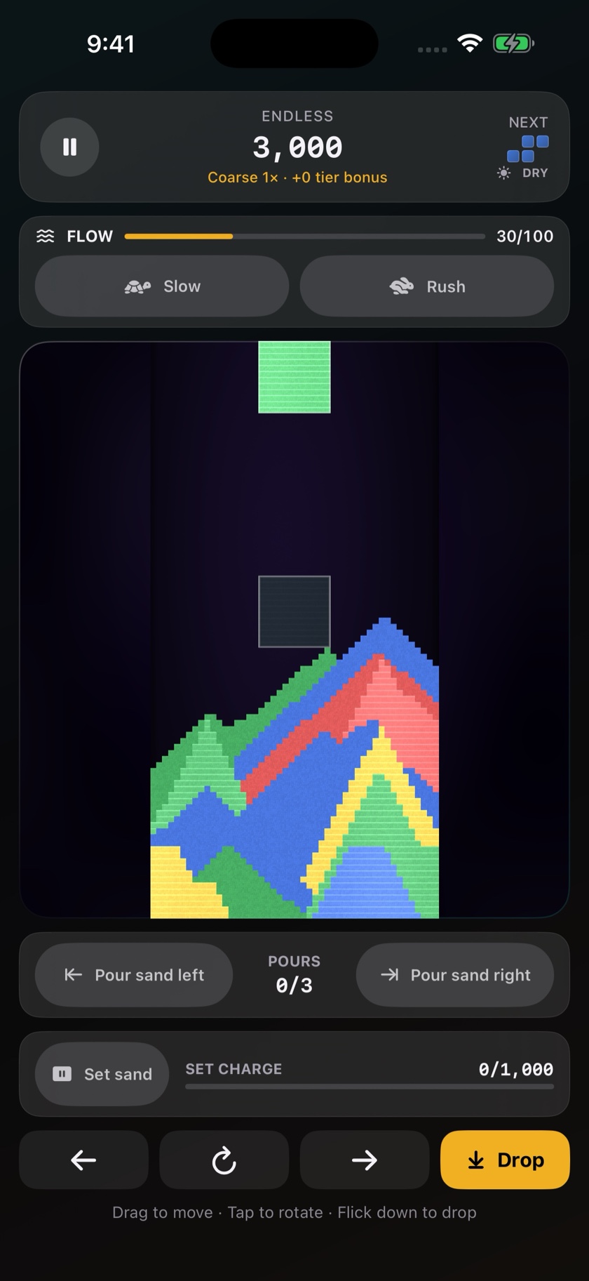 Advanced Endless gameplay with a colorful sand pile, a falling green block, and 3,000 points